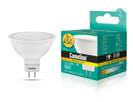 Лампа светодиодная LED5-MR16/830/GU5.3 5Вт 3000К тепл. бел. GU5.3 370лм 12В Camelion 12025