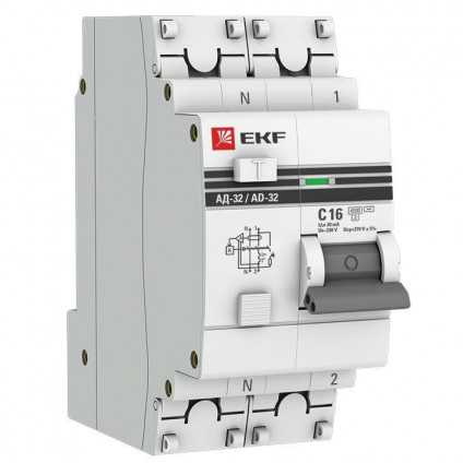 Выключатель автоматический дифференциального тока 1п+N 2мод. C 16А 30мА тип AC 4.5кА АД-32 PROxima EKF DA32-16-30-pro