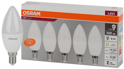 Лампа светодиодная LED Value LVCLB60 7SW/830 230В E14 2х5 RU (уп.5шт) OSRAM 4058075577923