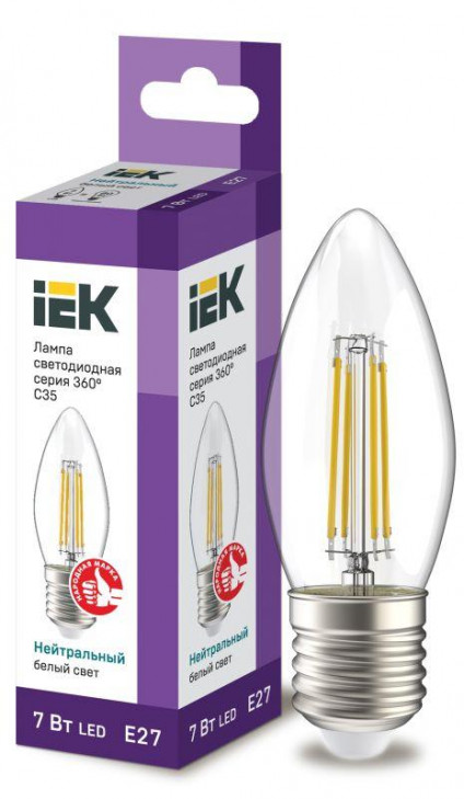 Лампа светодиодная филаментная 360° 7Вт C35 свеча 4000К E27 230В прозр. IEK LLF-C35-7-230-40-E27-CL
